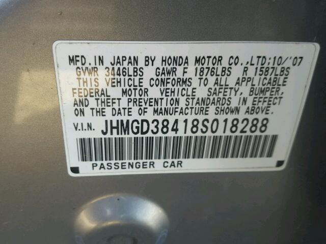 JHMGD38418S018288 - 2008 HONDA FIT GRAY photo 10