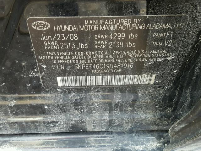 5NPET46C19H481916 - 2009 HYUNDAI SONATA GLS BLACK photo 10