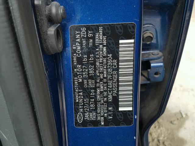 KMHCT4AE7FU873604 - 2015 HYUNDAI ACCENT GLS BLUE photo 10