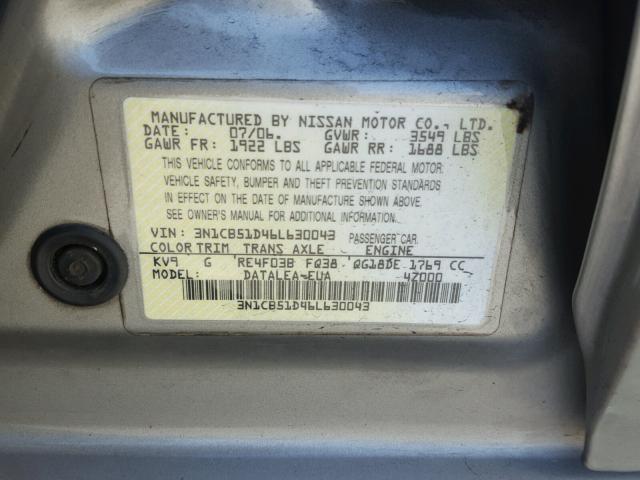 3N1CB51D46L630043 - 2006 NISSAN SENTRA 1.8 TAN photo 10