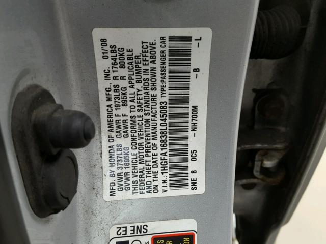 1HGFA16838L045083 - 2008 HONDA CIVIC EX Gümüş foto 10