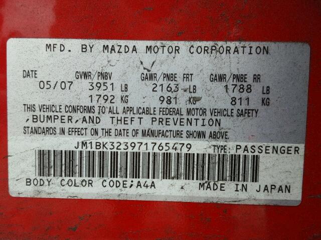 JM1BK323971765479 - 2007 MAZDA 3 S RED photo 10