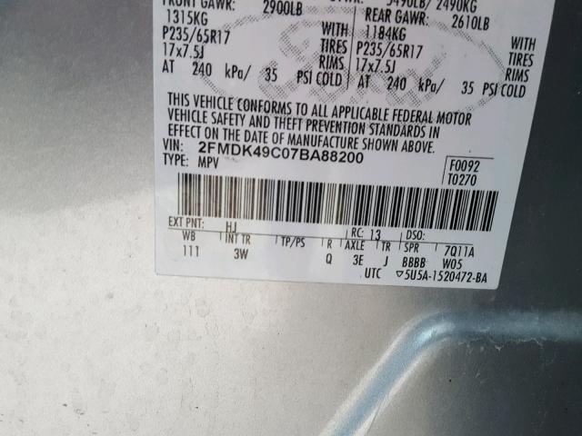 2FMDK49C07BA88200 - 2007 FORD EDGE SEL P GRAY photo 10