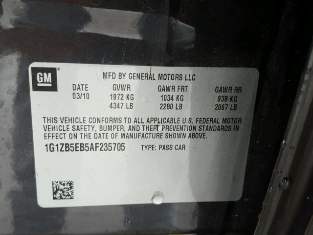 1G1ZB5EB5AF235705 - 2010 CHEVROLET MALIBU LS CHARCOAL photo 10