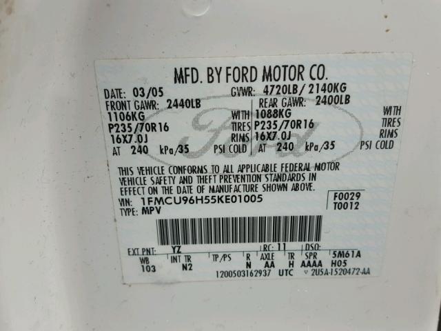 1FMCU96H55KE01005 - 2005 FORD ESCAPE HEV WHITE photo 10