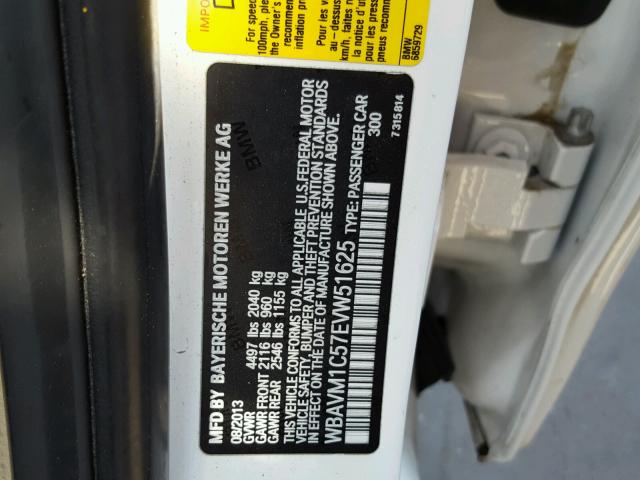 WBAVM1C57EVW51625 - 2014 BMW X1 SDRIVE2 WHITE photo 10