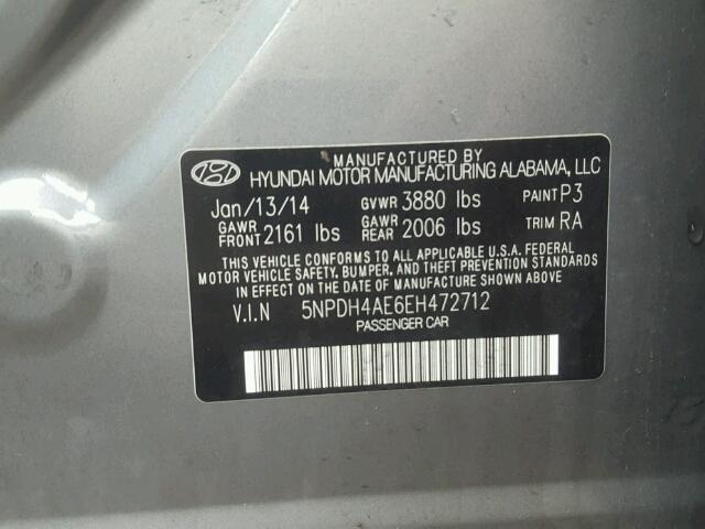 5NPDH4AE6EH472712 - 2014 HYUNDAI ELANTRA SE GRAY photo 10