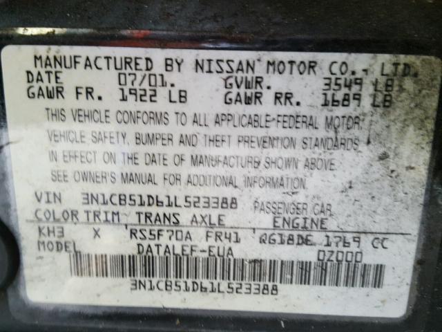 3N1CB51D61L523388 - 2001 NISSAN SENTRA XE BLACK photo 10