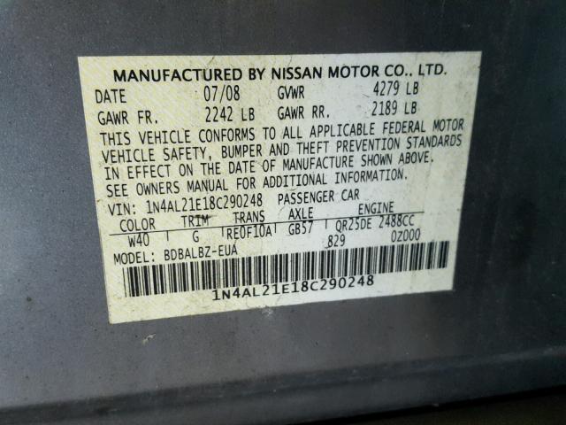 1N4AL21E18C290248 - 2008 NISSAN ALTIMA 2.5 SILVER photo 10