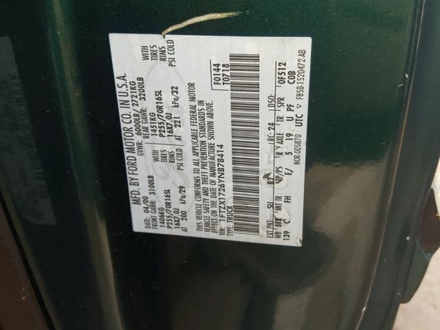 1FTZX1726YNB78414 - 2000 FORD F150 GREEN photo 10