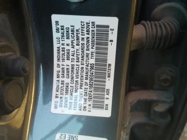 19XFA16829E047965 - 2009 HONDA CIVIC EX GRAY photo 10