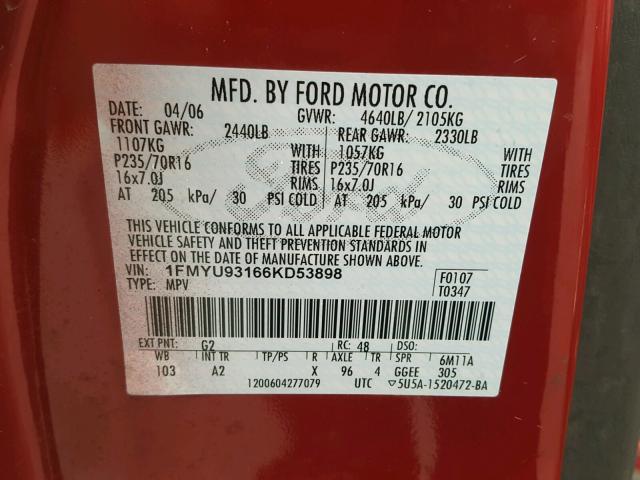 1FMYU93166KD53898 - 2006 FORD ESCAPE XLT RED photo 10