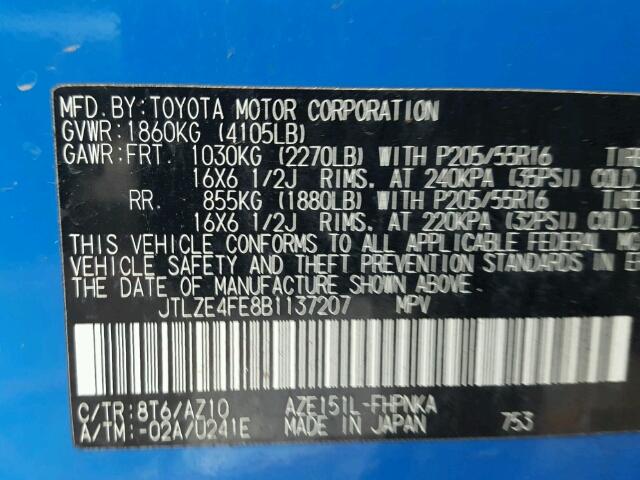 JTLZE4FE8B1137207 - 2011 TOYOTA SCION XB 蓝色 照片 10