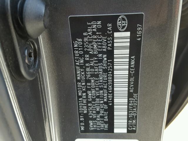 4T4BE46K98R042571 - 2008 TOYOTA CAMRY CE GRAY photo 10