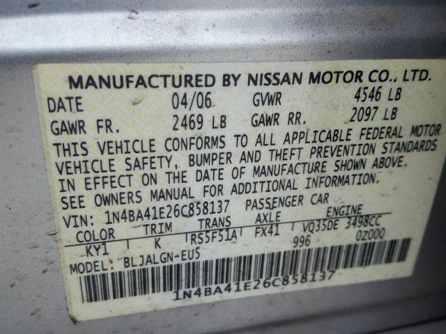 1N4BA41E26C858137 - 2006 NISSAN MAXIMA SE SILVER photo 10