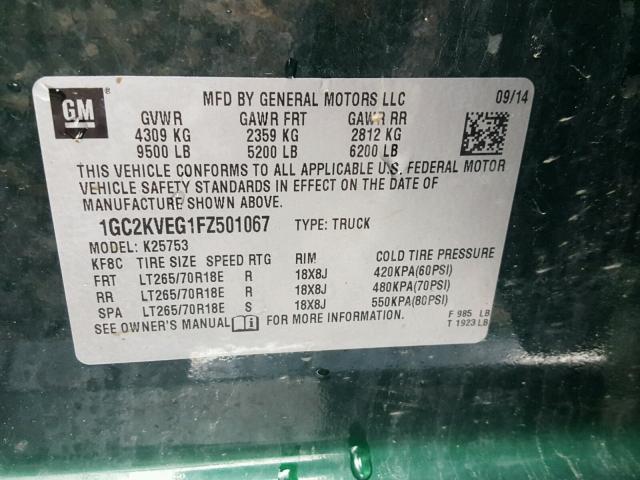 1GC2KVEG1FZ501067 - 2015 CHEVROLET SILVERADO GREEN photo 10