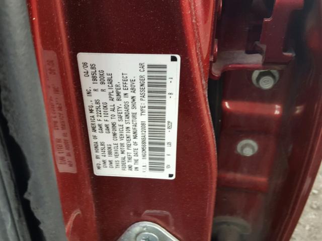 1HGCM568X6A120081 - 2006 HONDA ACCORD EX BURGUNDY photo 10