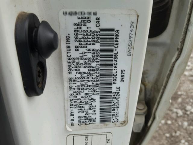 4T1BE32KX3U147865 - 2003 TOYOTA CAMRY LE WHITE photo 10