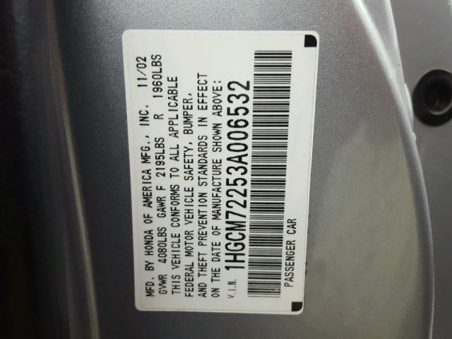 1HGCM72253A006532 - 2003 HONDA ACCORD LX SILVER photo 10