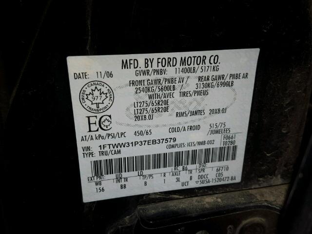 1FTWW31P37EB37579 - 2007 FORD F350 SRW S BLACK photo 10