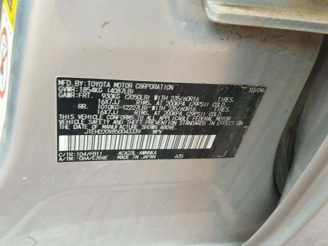 JTEHD20V850043339 - 2005 TOYOTA RAV4 SILVER photo 10