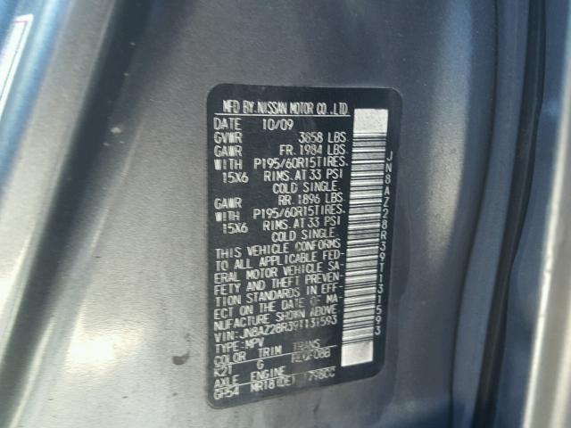 JN8AZ28R39T131593 - 2009 NISSAN CUBE BASE GRAY photo 10