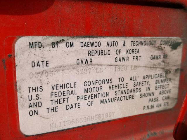 KL1TD66696B661997 - 2006 CHEVROLET AVEO BASE RED photo 10