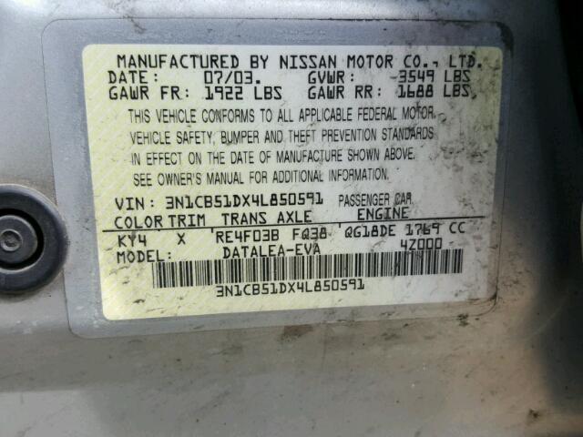 3N1CB51DX4L850591 - 2004 NISSAN SENTRA 1.8 SILVER photo 10