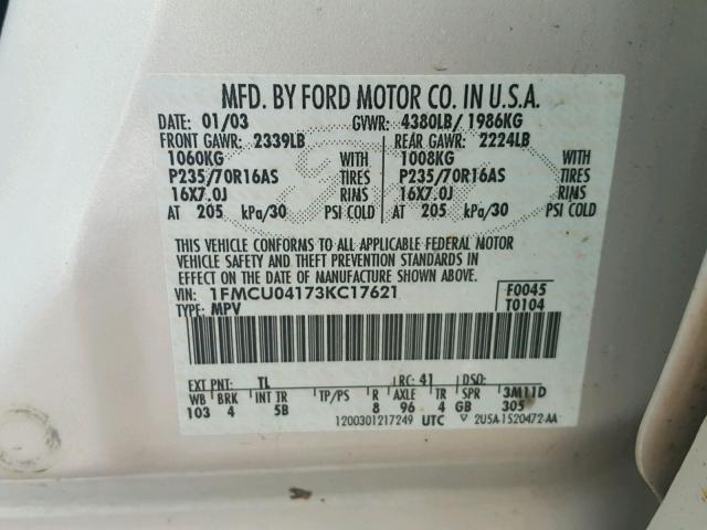 1FMCU04173KC17621 - 2003 FORD ESCAPE LIM SILVER photo 10