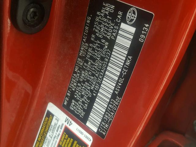 4T1BF3EKXAU058237 - 2010 TOYOTA CAMRY BASE RED photo 10