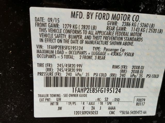 1FAHP2E85FG195124 - 2015 FORD TAURUS SEL BLACK photo 10