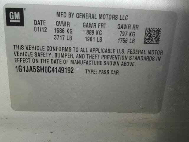 1G1JA5SH0C4149192 - 2012 CHEVROLET SONIC LS SILVER photo 10