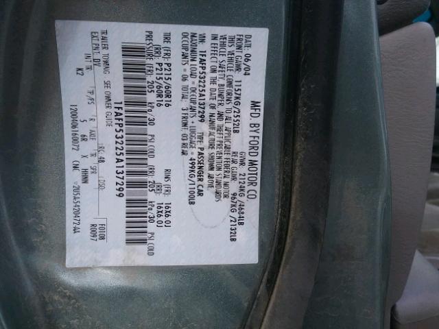 1FAFP53225A137299 - 2005 FORD TAURUS SE GREEN photo 10