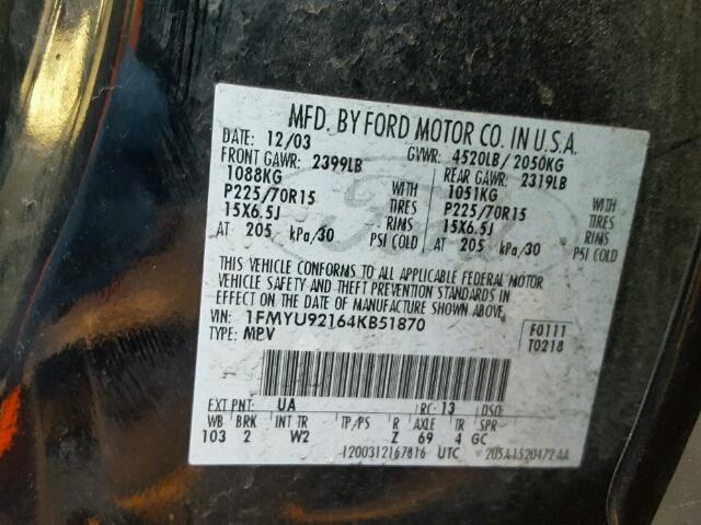 1FMYU92164KB51870 - 2004 FORD ESCAPE XLS BLACK photo 10