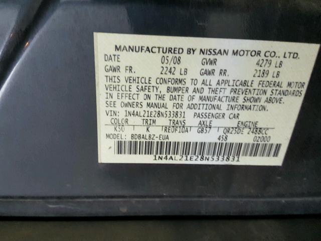 1N4AL21E28N533831 - 2008 NISSAN ALTIMA 2.5 CHARCOAL photo 10