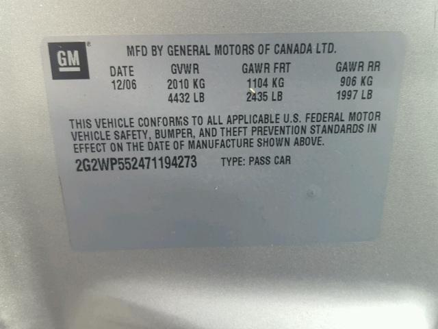 2G2WP552471194273 - 2007 PONTIAC GRAND PRIX SILVER photo 10