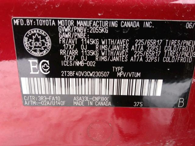 2T3BF4DV3CW230507 - 2012 TOYOTA RAV4 RED photo 9