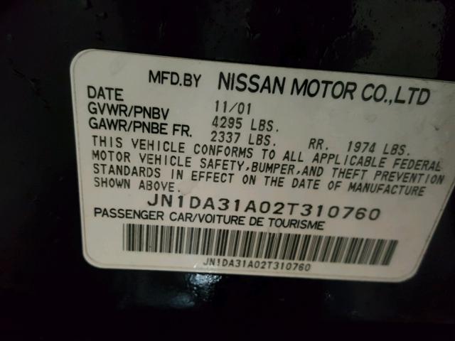 JN1DA31A02T310760 - 2002 NISSAN MAXIMA GLE BLACK photo 10