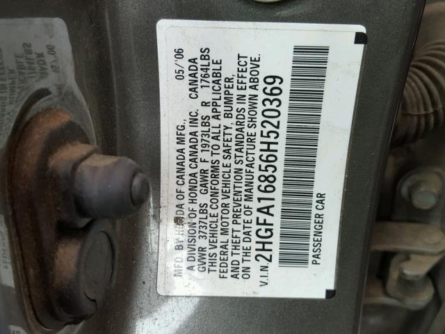 2HGFA16856H520369 - 2006 HONDA CIVIC EX ნაცრისფერი ფოტო 10