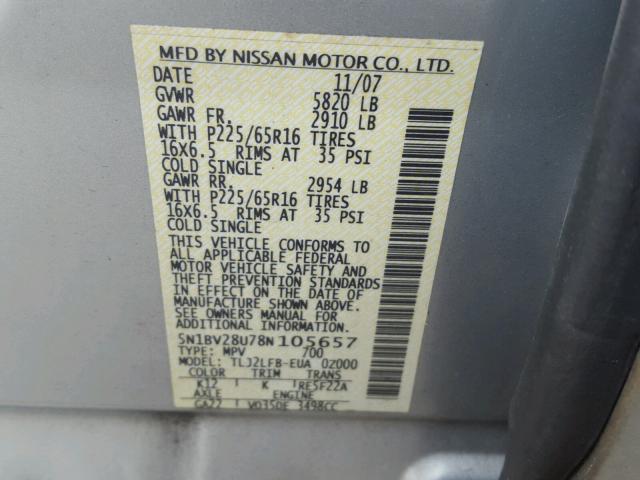 5N1BV28U78N105657 - 2008 NISSAN QUEST S SILVER photo 10