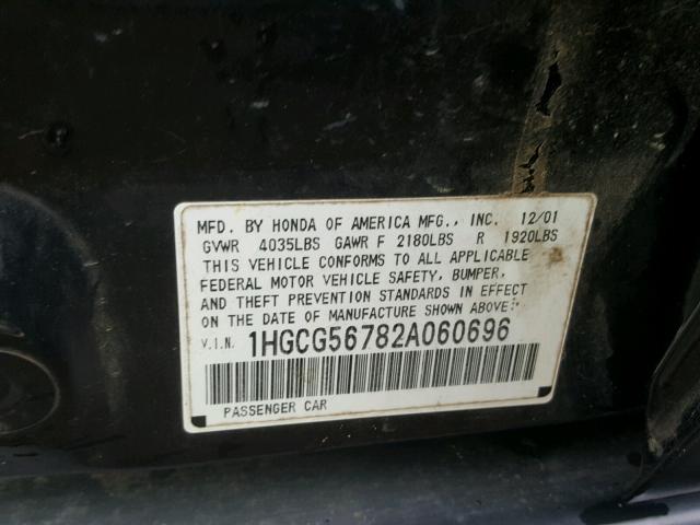 1HGCG56782A060696 - 2002 HONDA ACCORD SE BLACK photo 10