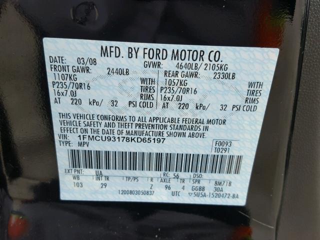 1FMCU93178KD65197 - 2008 FORD ESCAPE XLT BLACK photo 10