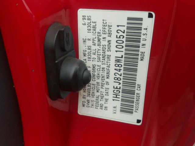 1HGEJ8248WL100521 - 1998 HONDA CIVIC EX RED photo 10