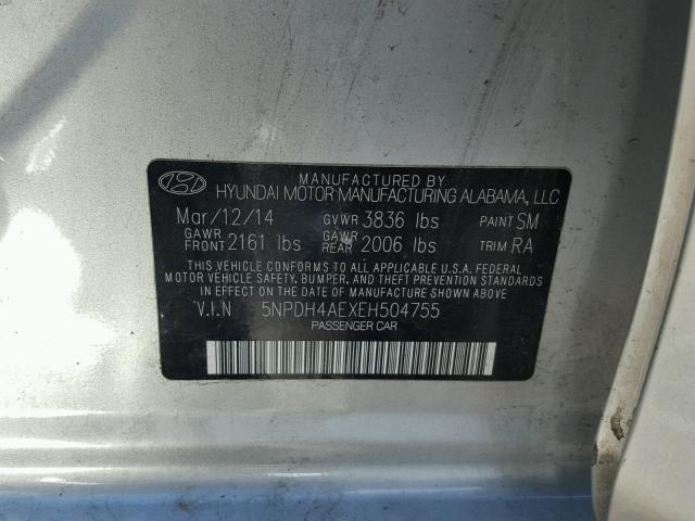 5NPDH4AEXEH504755 - 2014 HYUNDAI ELANTRA SE SILVER photo 10