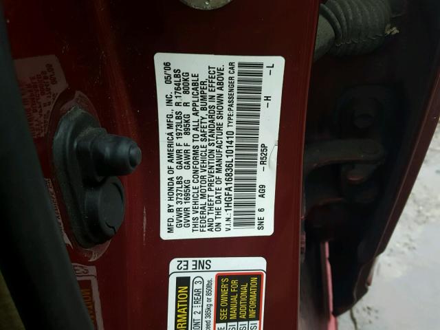 1HGFA16836L101410 - 2006 HONDA CIVIC EX Tünd qırmızı foto 10