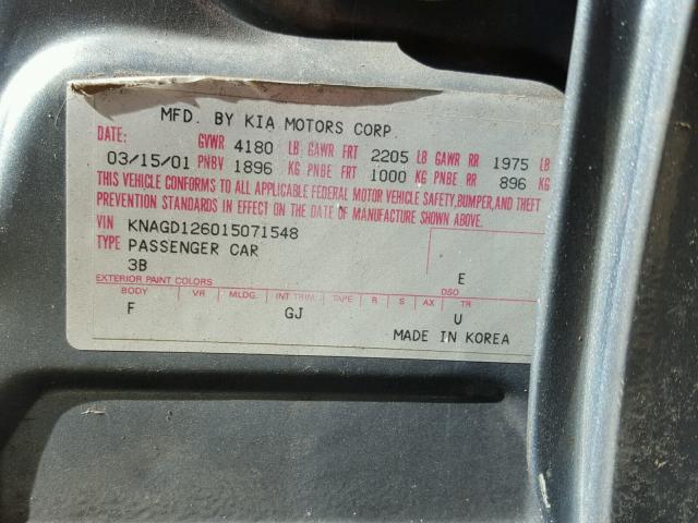 KNAGD126015071548 - 2001 KIA OPTIMA MAG GRAY photo 10