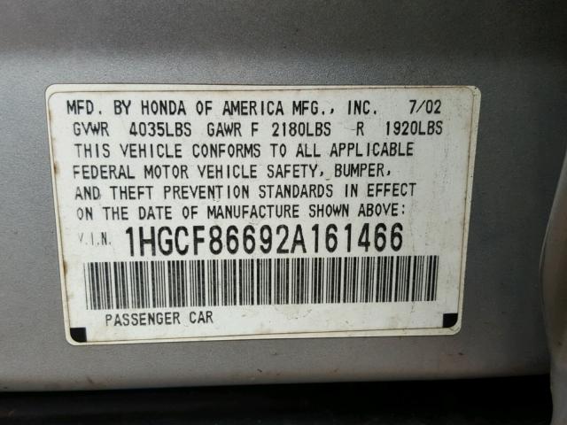 1HGCF86692A161466 - 2002 HONDA ACCORD VAL SILVER photo 10