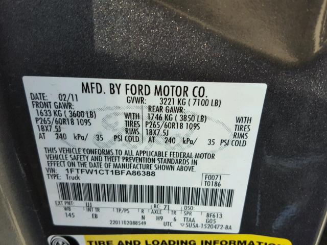 1FTFW1CT1BFA86388 - 2011 FORD F150 SUPER GRAY photo 10