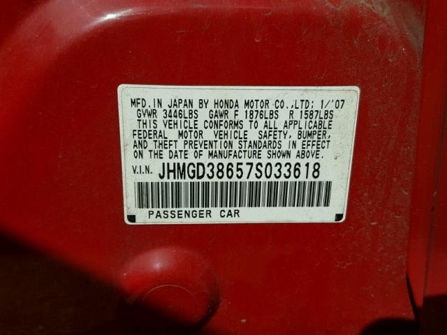 JHMGD38657S033618 - 2007 HONDA FIT S RED photo 10