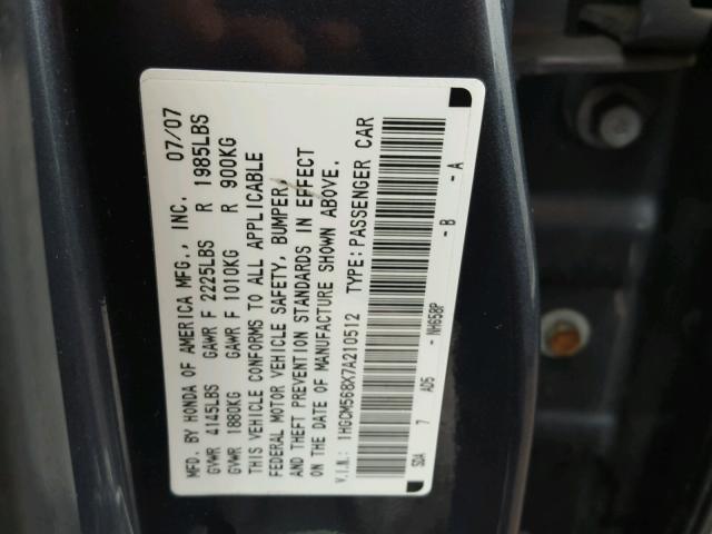 1HGCM568X7A210512 - 2007 HONDA ACCORD EX GRAY photo 10